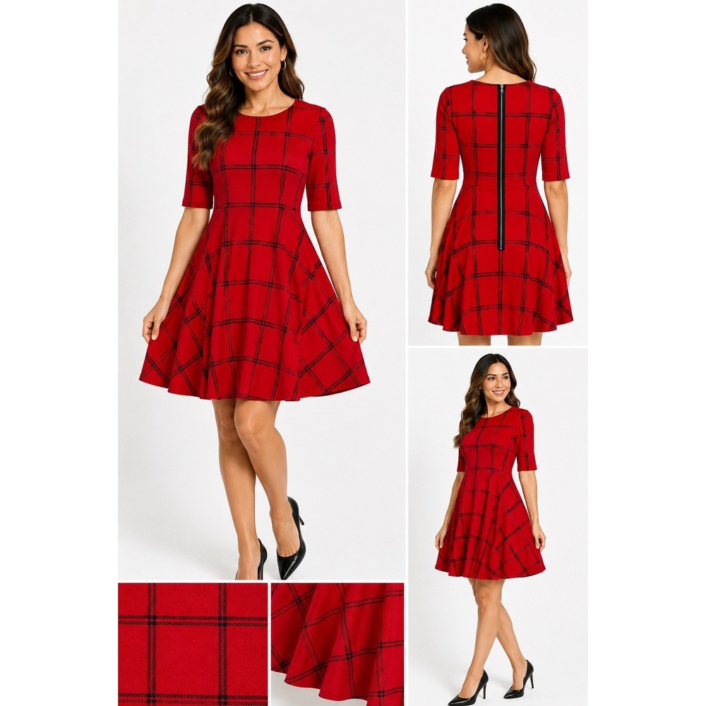 Julian Taylor Size 4 Red & Black Plaid Fit & Flare 3/4 Sleeve Dress Holiday/Work